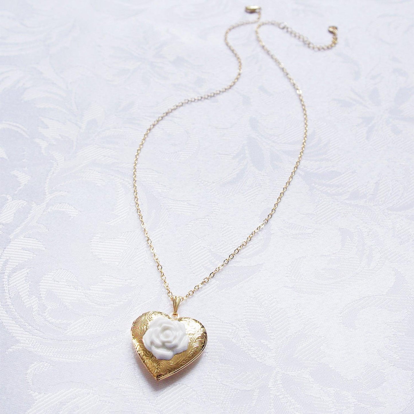 Classic Heart Locket With Porcelain Rose Pendant Necklace - Luxverse