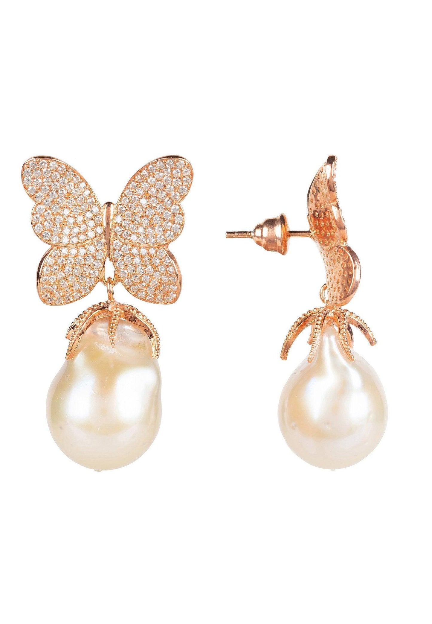 Baroque Pearl White Butterfly Earring Rosegold - Luxverse