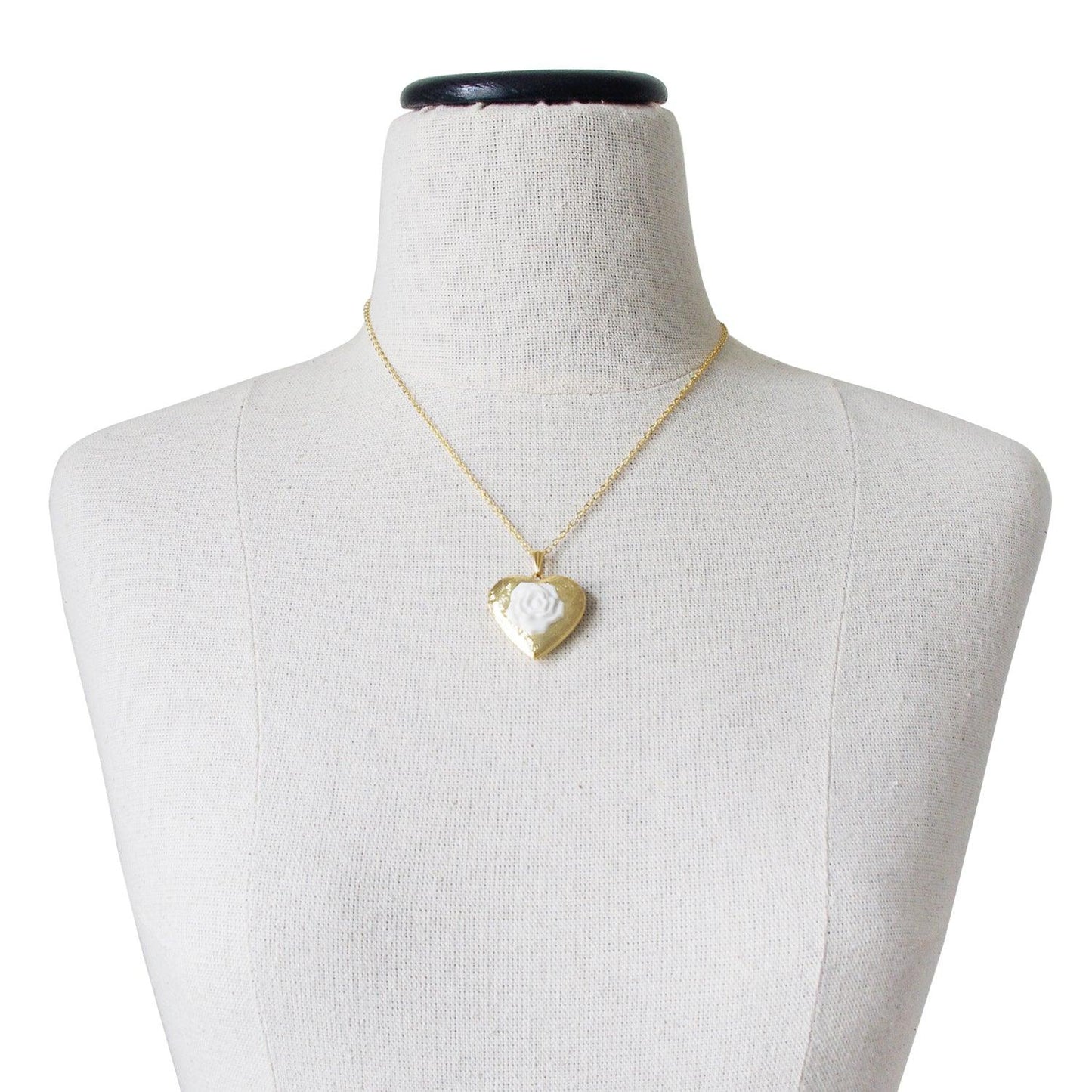 Classic Heart Locket With Porcelain Rose Pendant Necklace - Luxverse