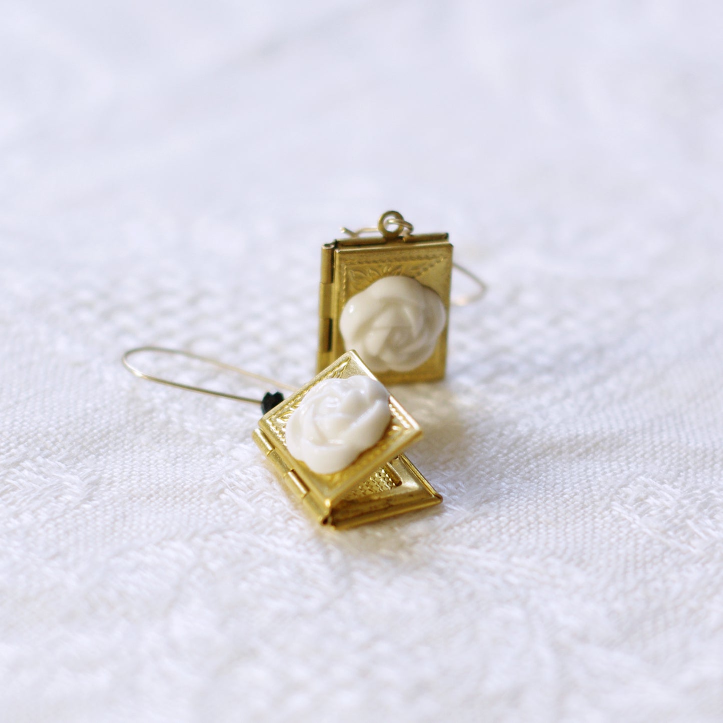Porcelain Camellia Yellow Brass Book Locket Earrings Porcelain Camellia Yellow Brass Book Locket Earrings Porcelain Camelli