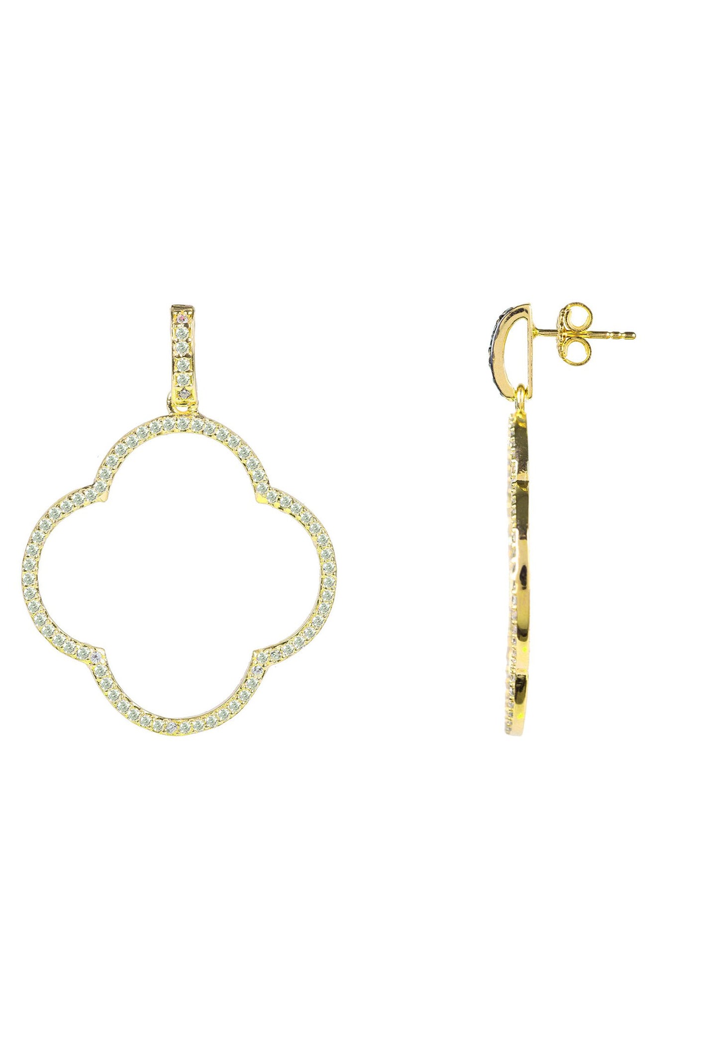 Open Clover Large Drop Earrings White CZ Gold