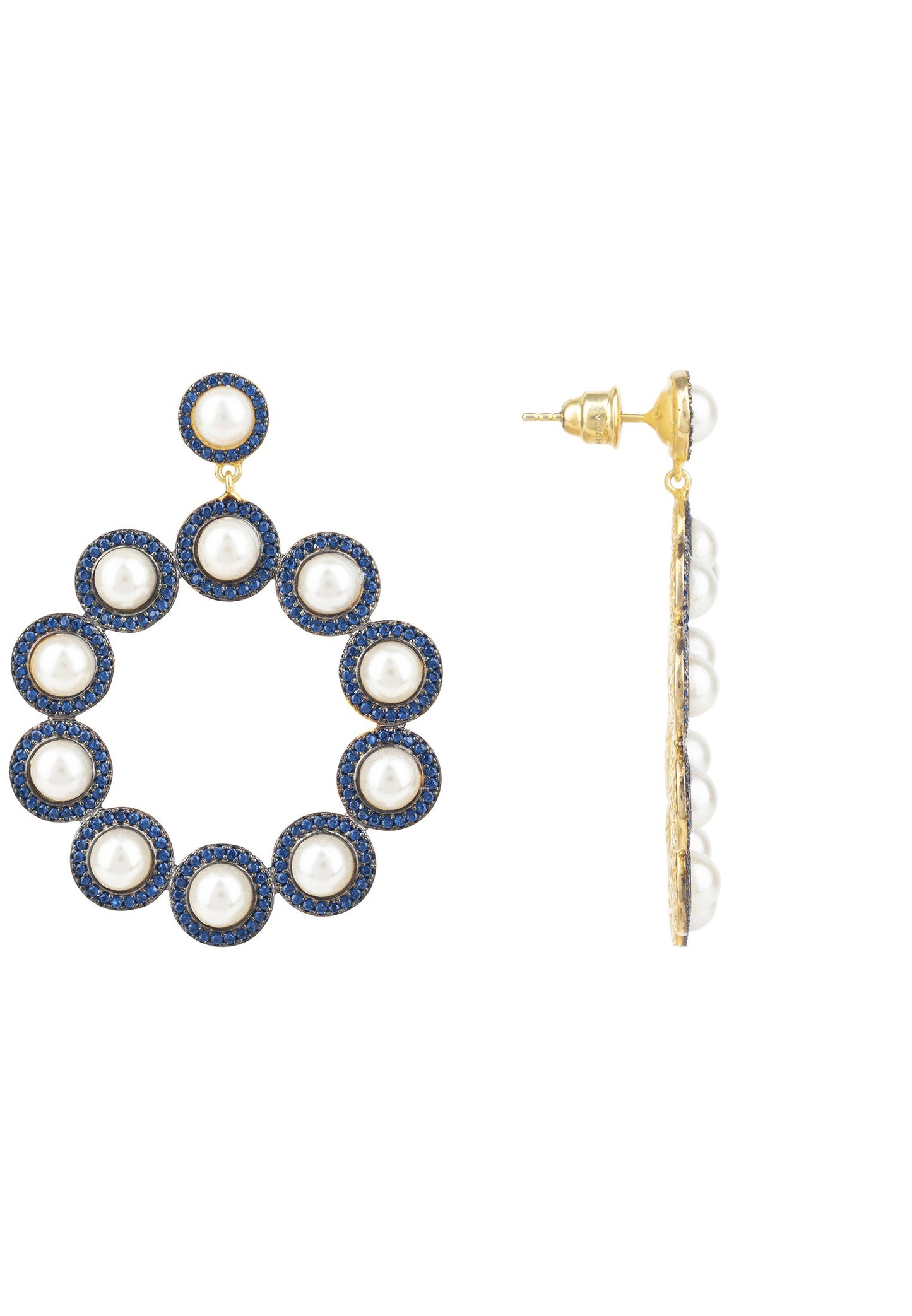 The Gatsby Pearl Earrings Sapphire Blue CZ Gold