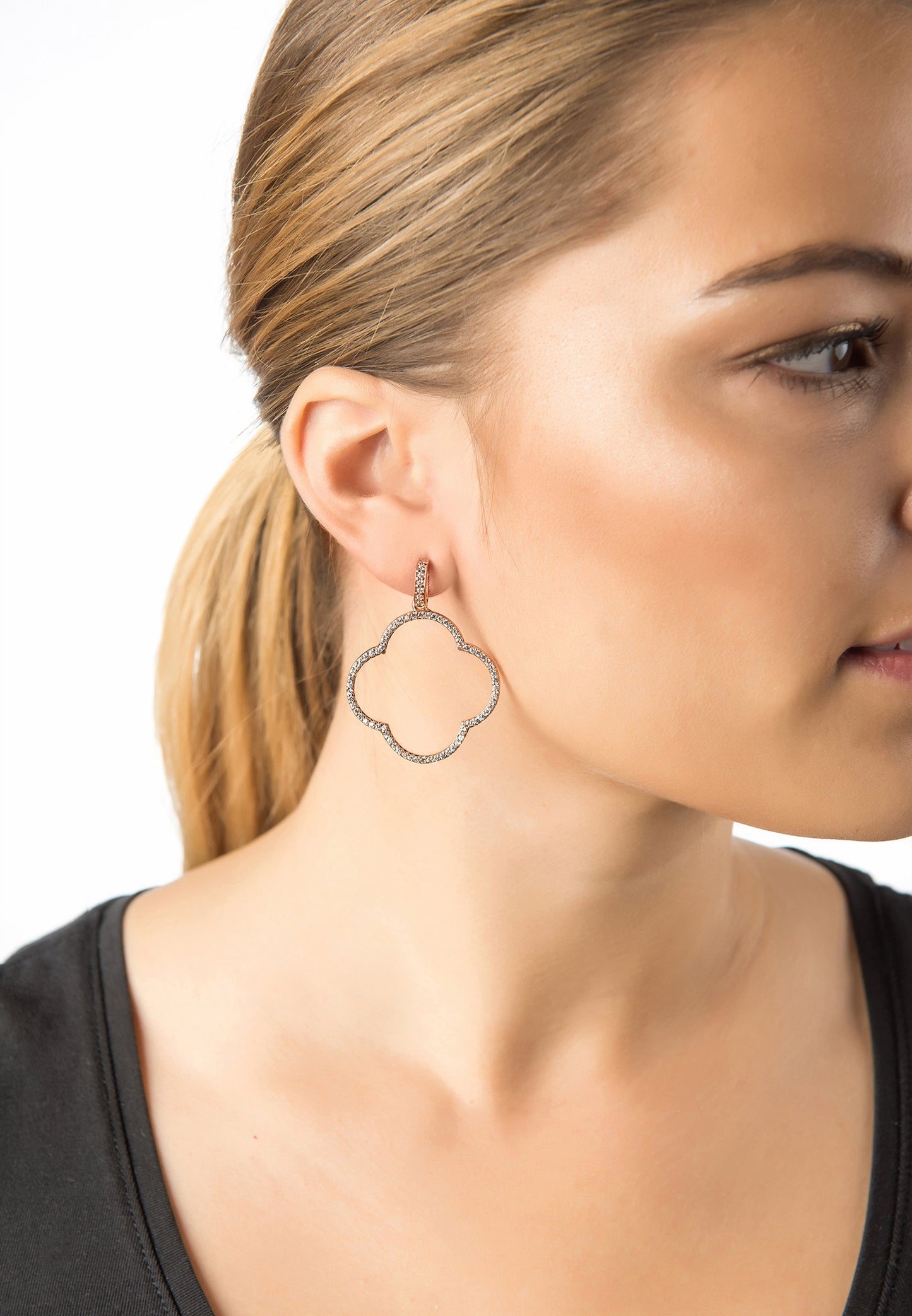 Open Clover Large Drop Earrings White CZ Gold