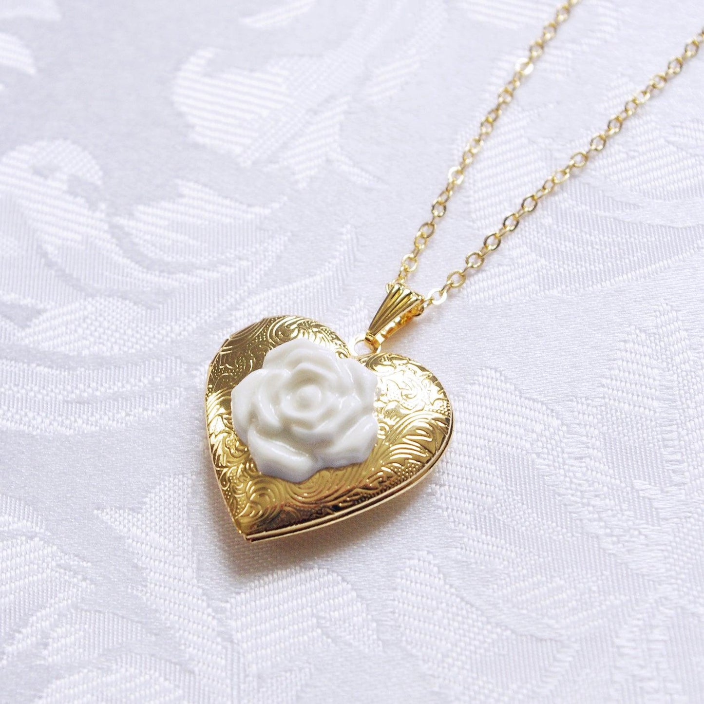 Classic Heart Locket With Porcelain Rose Pendant Necklace - Luxverse