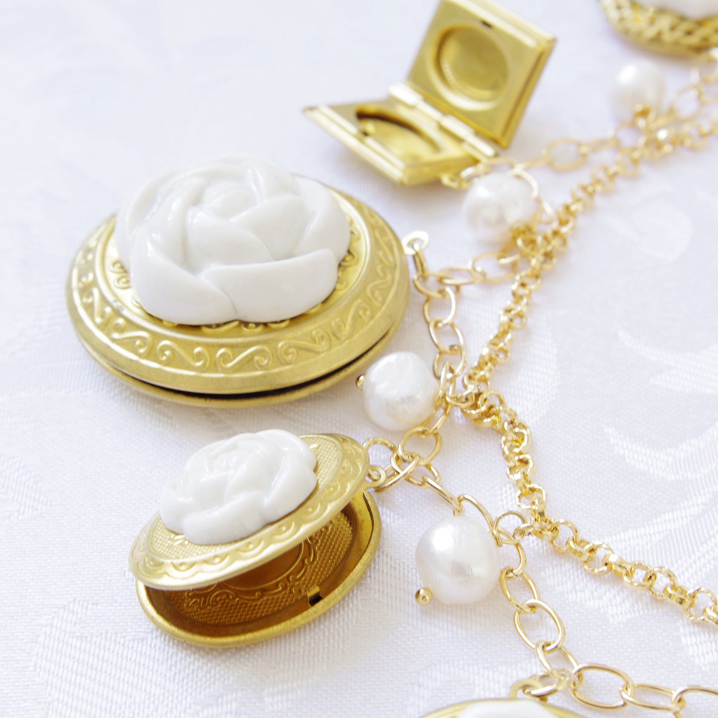 Porcelain Floral Lockets Statement Necklace