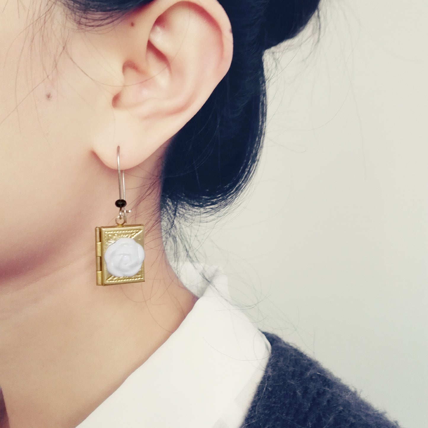 Porcelain Camellia Yellow Brass Book Locket Earrings Porcelain Camellia Yellow Brass Book Locket Earrings Porcelain Camelli