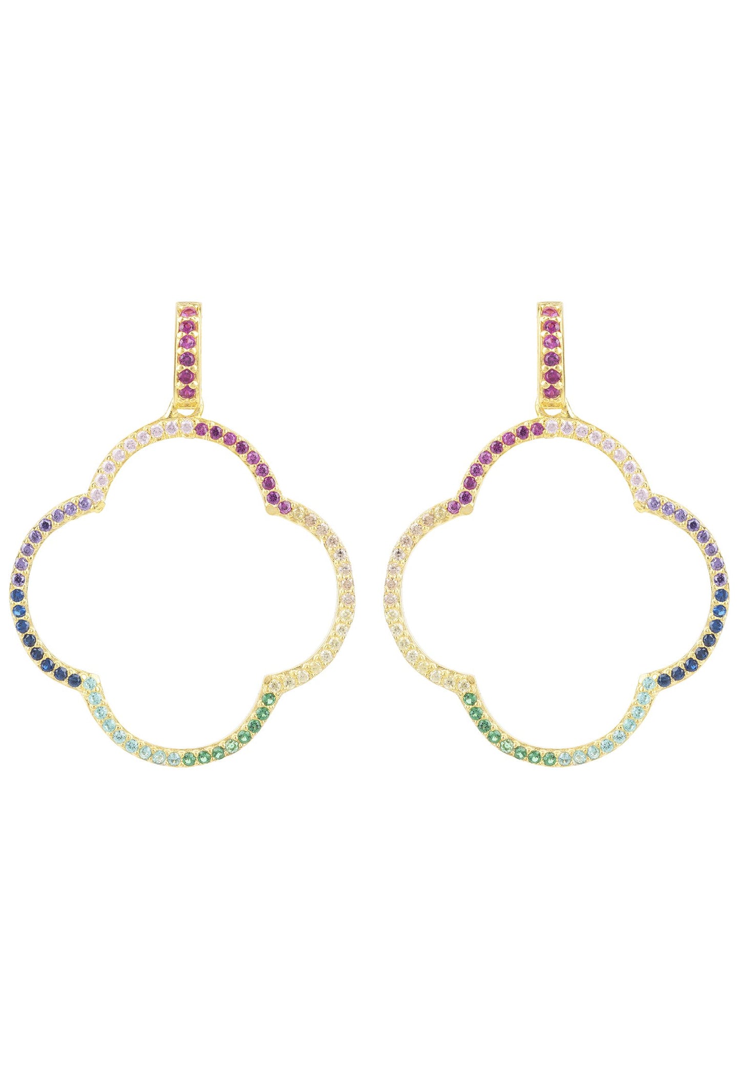 Open Clover Large Drop Earrings Gold Rainbow CZ