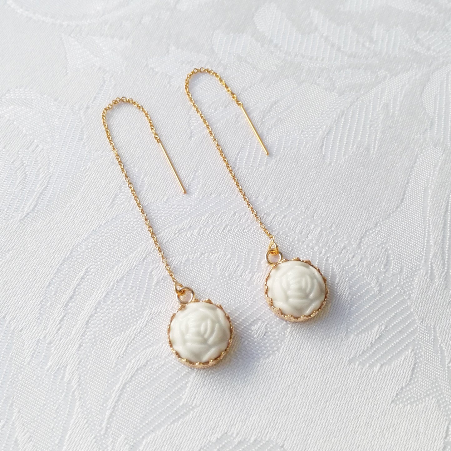 Mini Porcelain Rose With Gold-Filled Chain Earrings