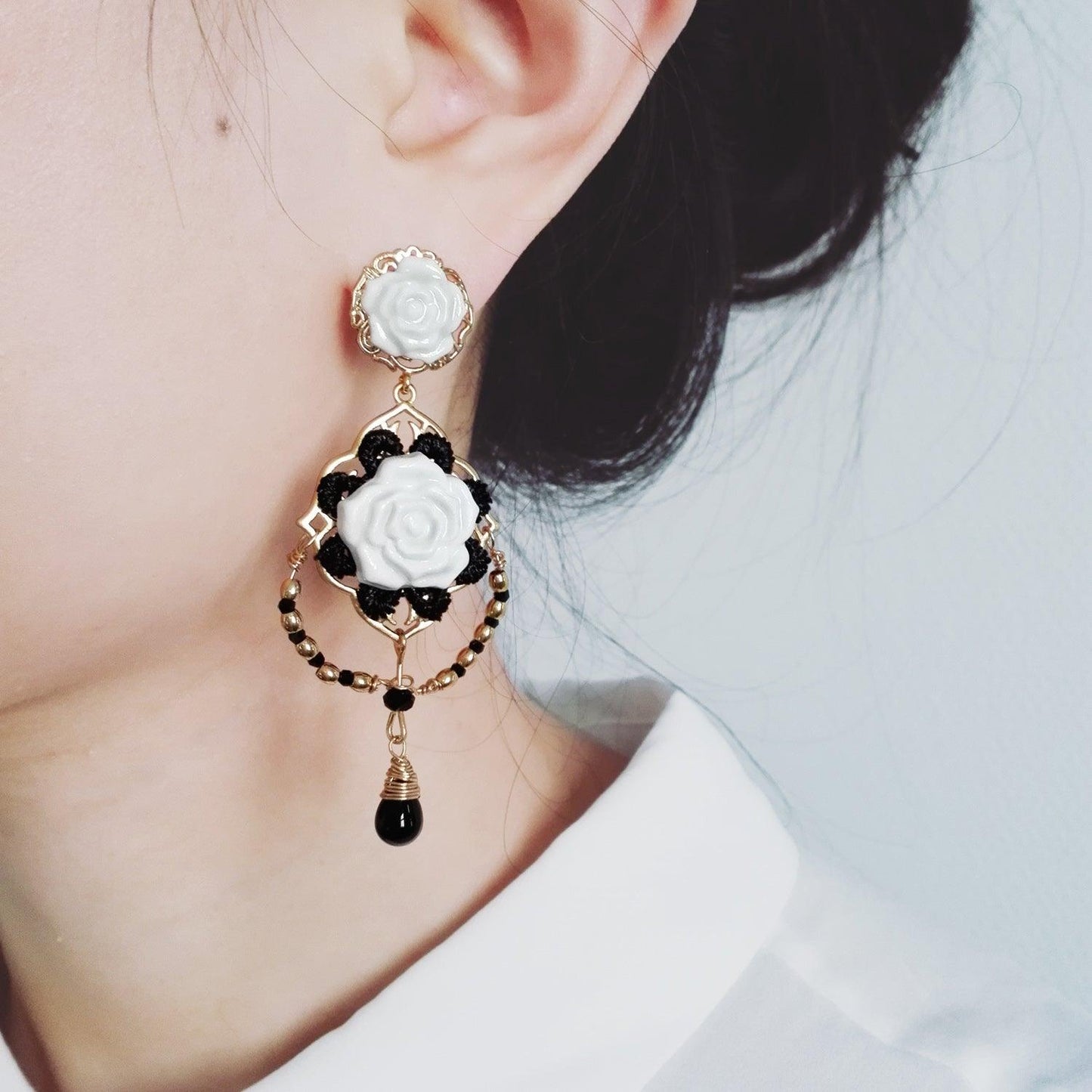 Classic Baroque Porcelain Rose Statement Earrings - Luxverse