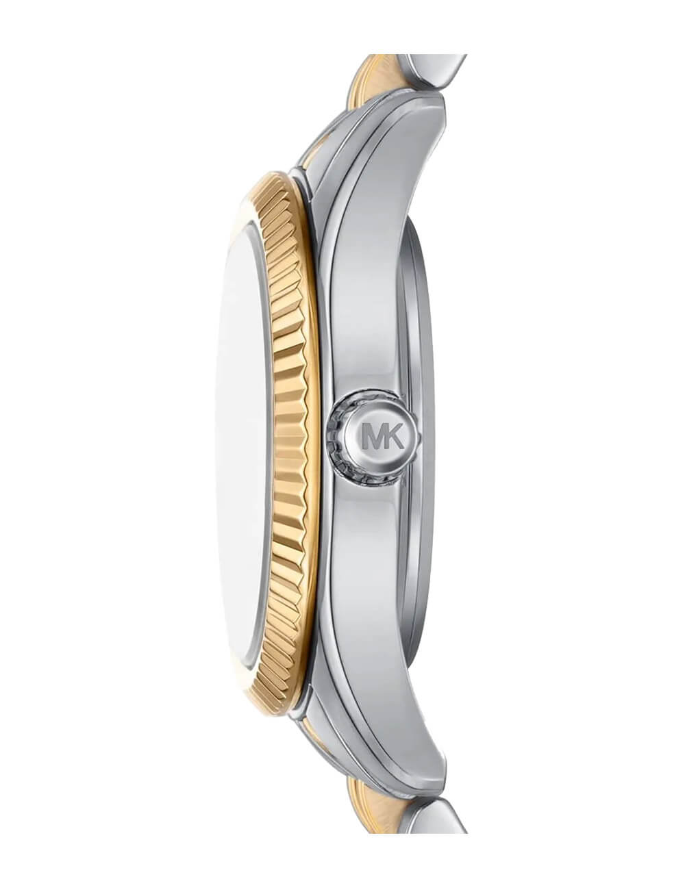 Side view of Michael Kors Lexington SET MK4815SET silver and gold stainless steel bracelet watch