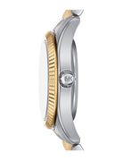 Side view of Michael Kors Lexington SET MK4815SET silver and gold stainless steel bracelet watch