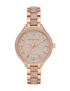 Front view of Michael Kors Slim Runway MK3799 women's rose gold stainless steel watch with pavé accents
