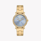 Michael Kors MKO1048 women's blue dial gold stainless steel watch front view