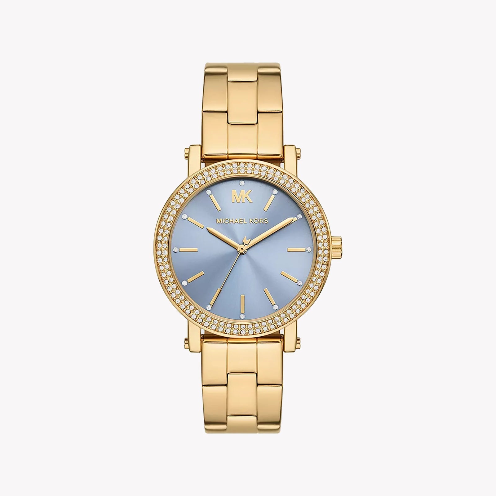 Michael Kors MKO1048 women's blue dial gold stainless steel watch front view