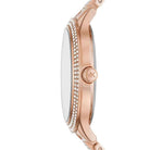 Side view of Michael Kors Slim Runway MK3799 rose gold stainless steel bracelet watch