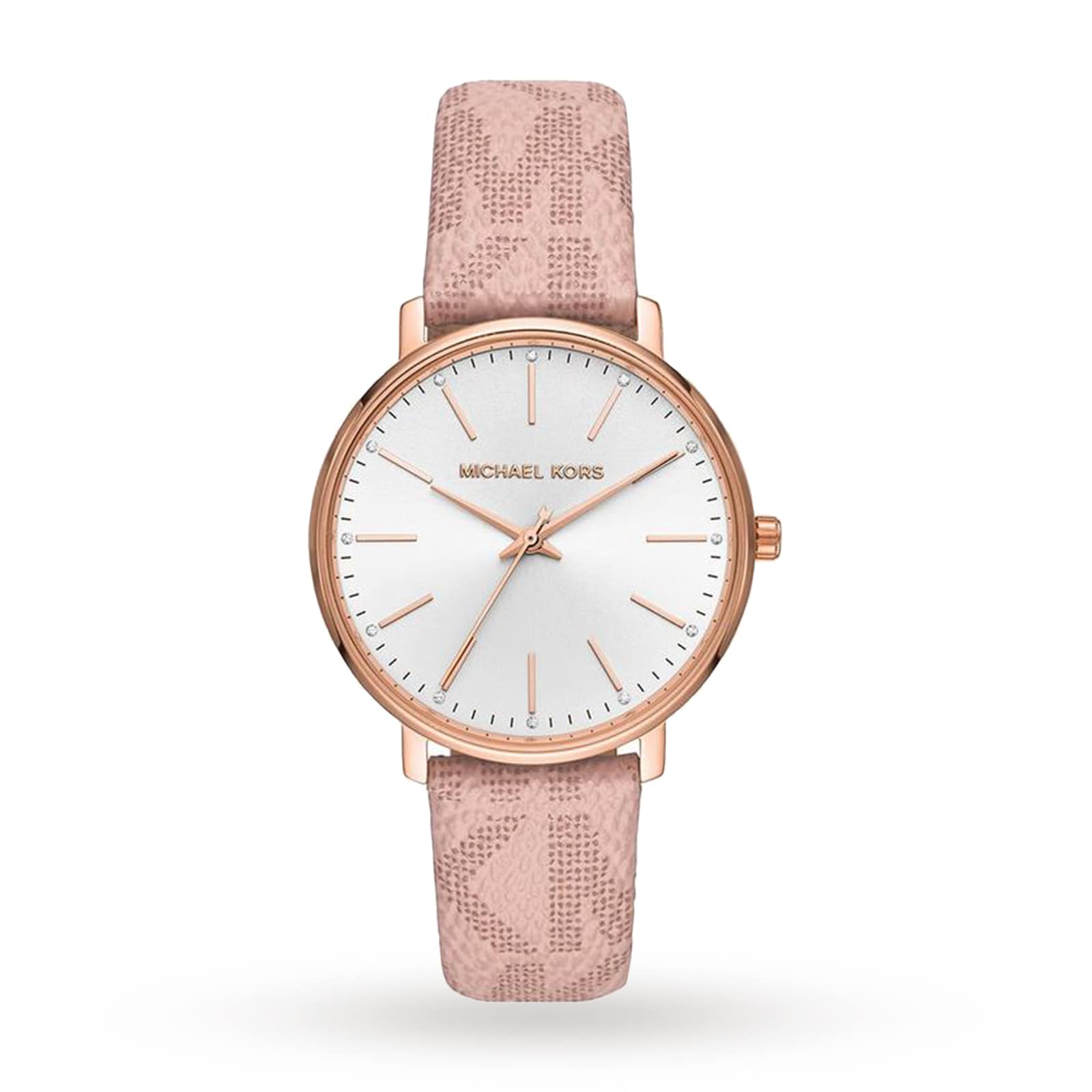 Michael Kors Pyper MK2859 women's silver dial pink leather watch front view