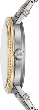Side profile of Michael Kors Corey MKO1049 two-tone stainless steel women's watch