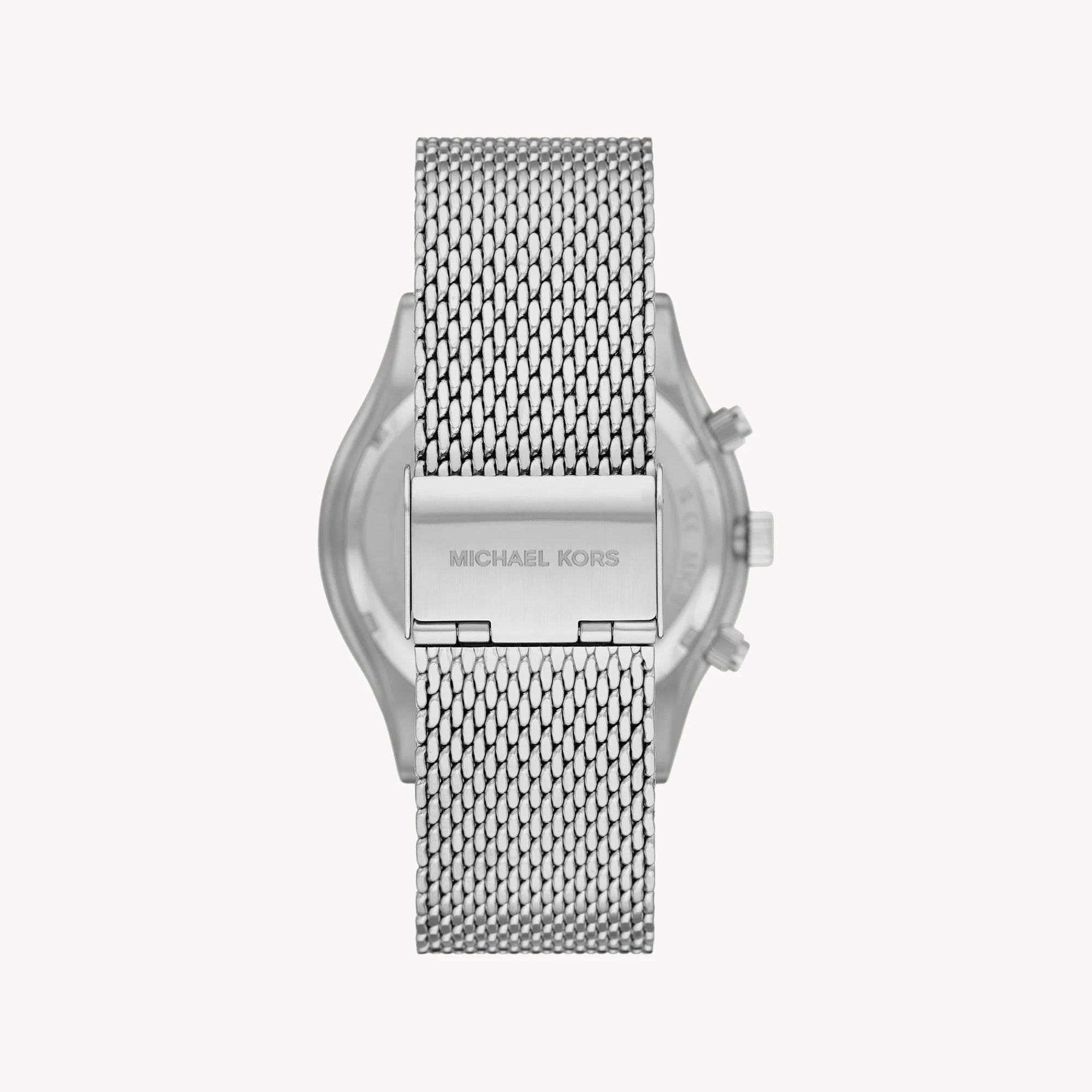 Back case of Michael Kors MK9059 quartz chronograph silver mesh wristwatch