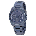 Close-up of Michael Kors MK6361 blue chronograph dial with blue stainless steel bracelet