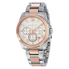 Close-up of Michael Kors MK6368 white chronograph dial with rose gold and silver bracelet
