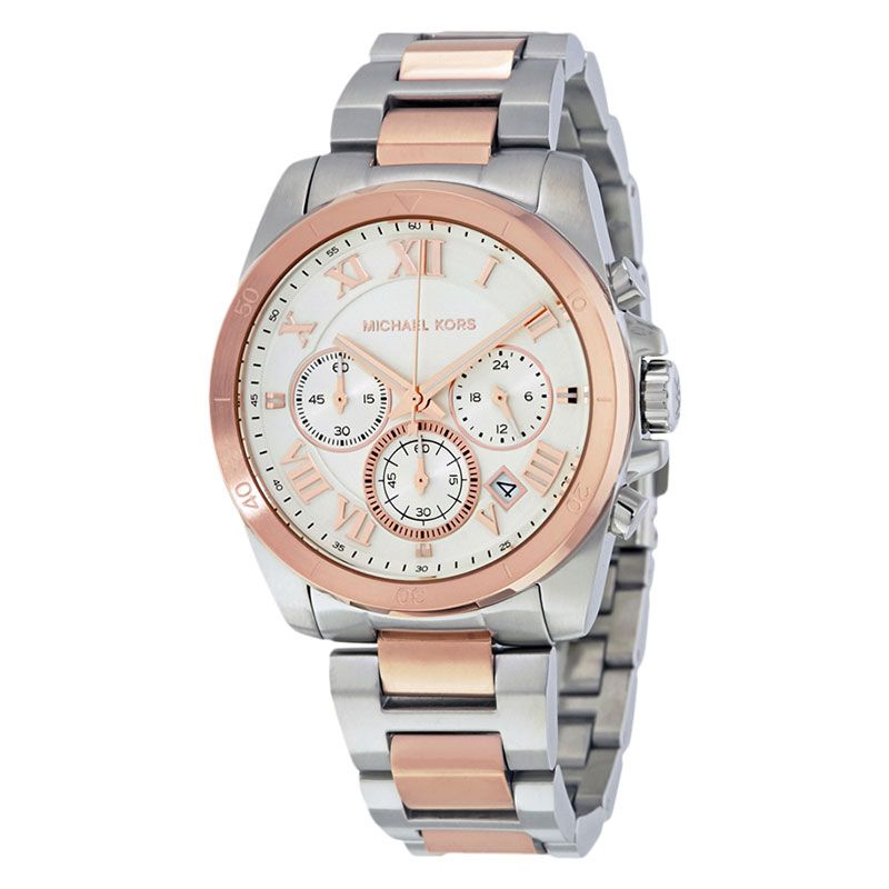 Close-up of Michael Kors MK6368 white chronograph dial with rose gold and silver bracelet