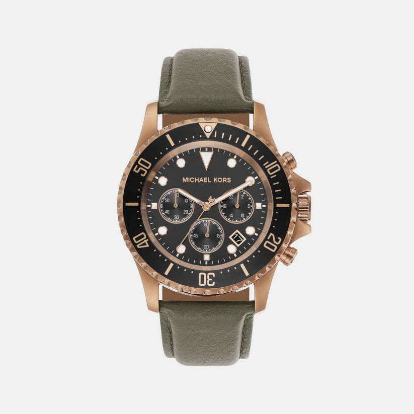 Michael Kors Everest MK9090 men's black sunray dial green leather chronograph watch front view