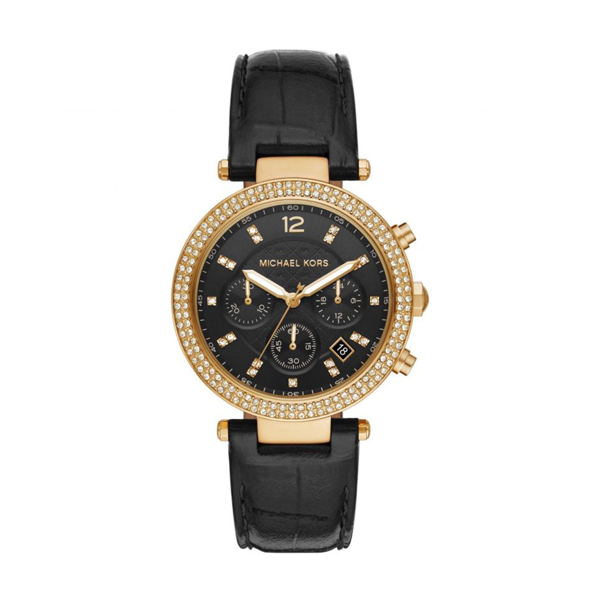 Michael Kors Parker MK6984 women's black dial black leather strap watch front view