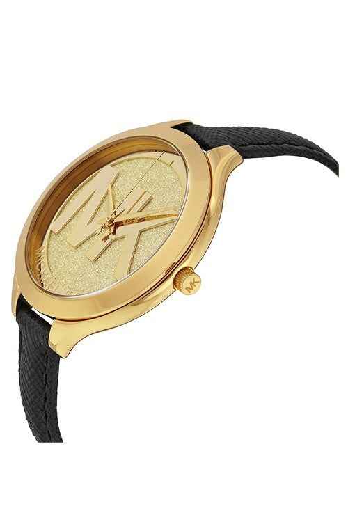 Michael Kors Slim Runway MK2392 Women's Gold Dial Black Leather Watch