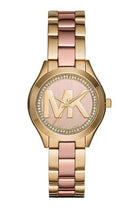 Front view of Michael Kors Mini Slim Runway MK3650 women's two tone stainless steel watch