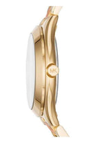 Side view of Michael Kors Mini Slim Runway MK3650 two tone bracelet watch