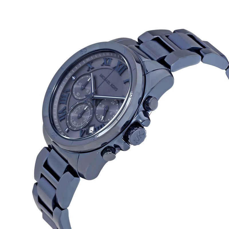 Side profile of Michael Kors Brecken MK6361 blue stainless steel chronograph watch