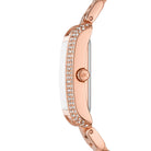 Side profile of Michael Kors Emery MK4641 rose gold stainless steel watch