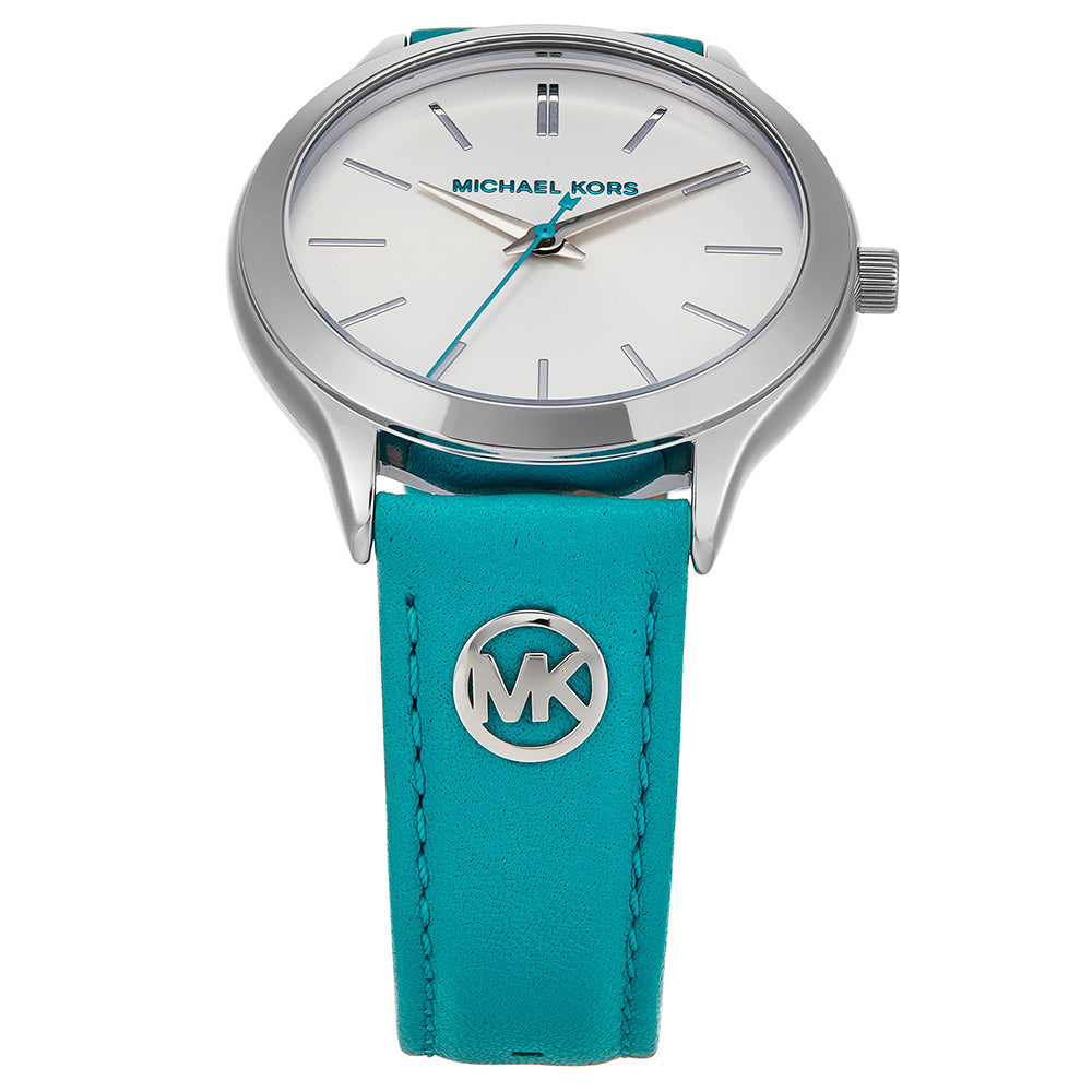Michael Kors MK7470 silver dial blue leather strap watch