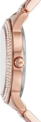 Side profile of Michael Kors Tibby MK1070SET rose gold stainless steel bracelet watch