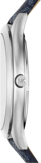 Side profile of Michael Kors Slim Runway MK8907 navy blue leather men's watch
