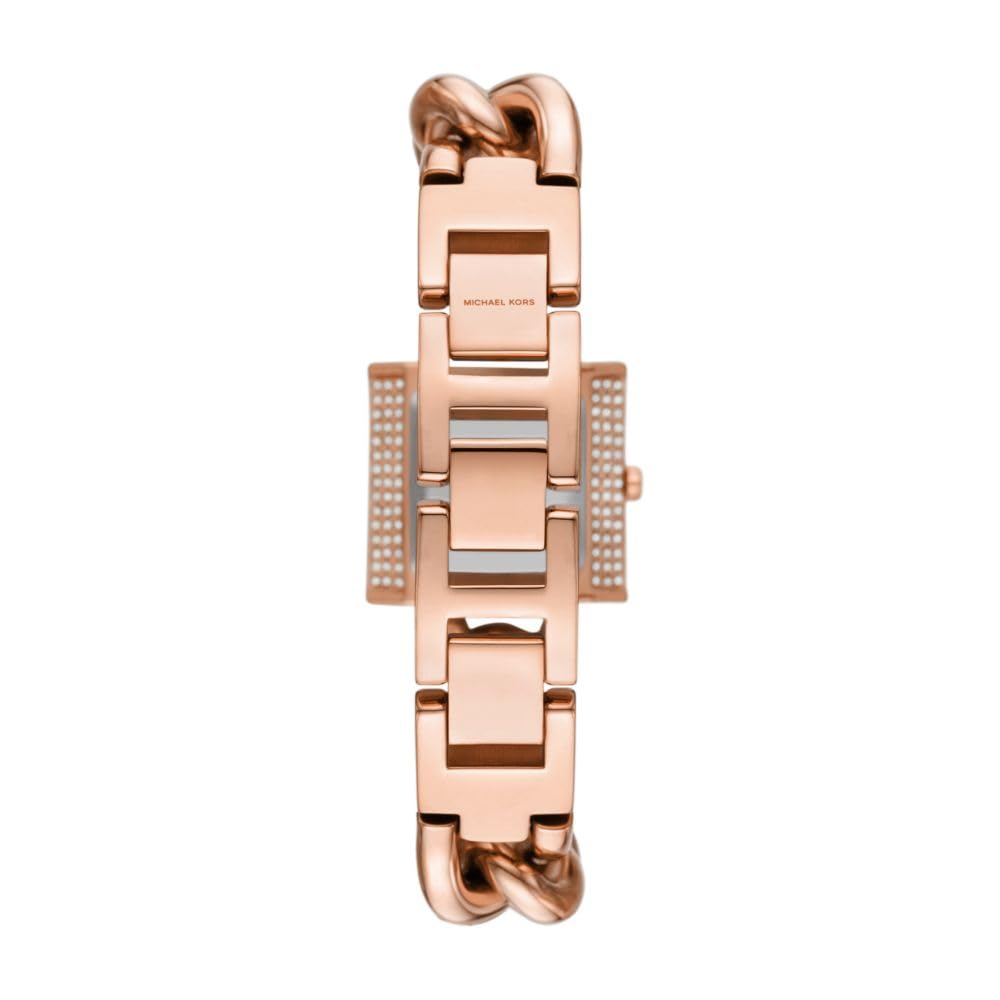 Back view of Michael Kors MK4827 quartz watch with rose gold stainless steel case