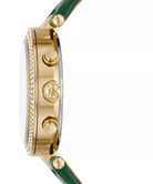 Side profile of Michael Kors Parker MK6985 green leather strap watch