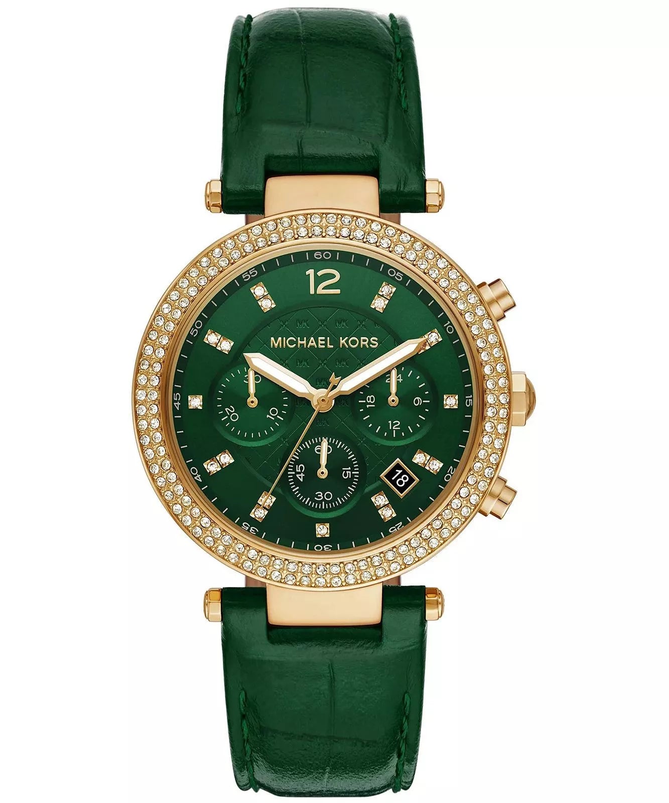 Michael Kors Parker MK6985 women's green dial green leather strap chronograph watch front view