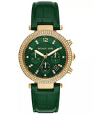 Michael Kors Parker MK6985 women's green dial green leather strap chronograph watch front view