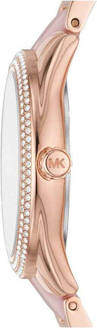 Side profile of Michael Kors Janelle MK7132 two-tone acetate and stainless steel bracelet watch
