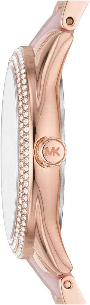 Side profile of Michael Kors Janelle MK7132 two-tone acetate and stainless steel bracelet watch