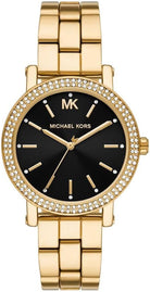 Michael Kors Corey MK7345 women's black dial gold steel strap watch front view