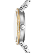 Side profile of Michael Kors Corey MK7348 two-tone metal bracelet watch
