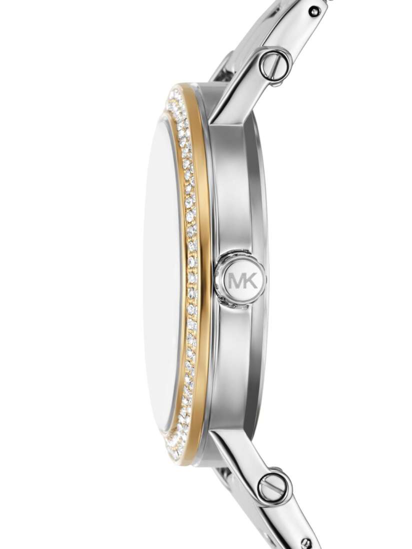 Side profile of Michael Kors Corey MK7348 two-tone metal bracelet watch