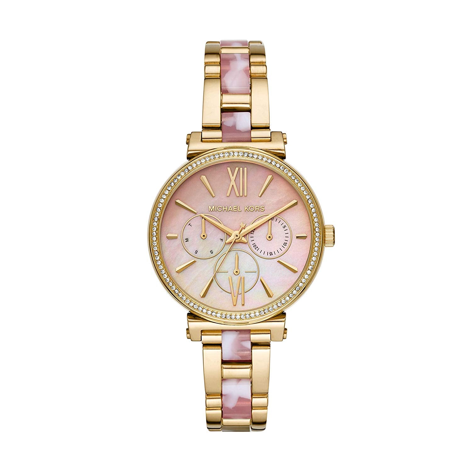 Michael Kors Sofie MK4344 women's mother of pearl dial two-tone stainless steel chronograph watch front view