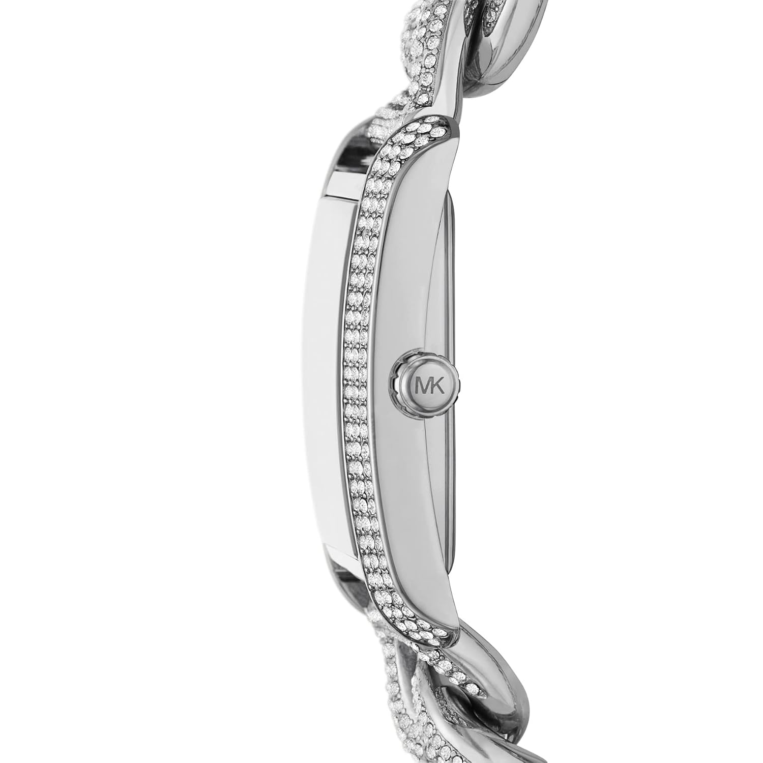 Side profile of Michael Kors Emery MK7299 silver stainless steel chain bracelet watch