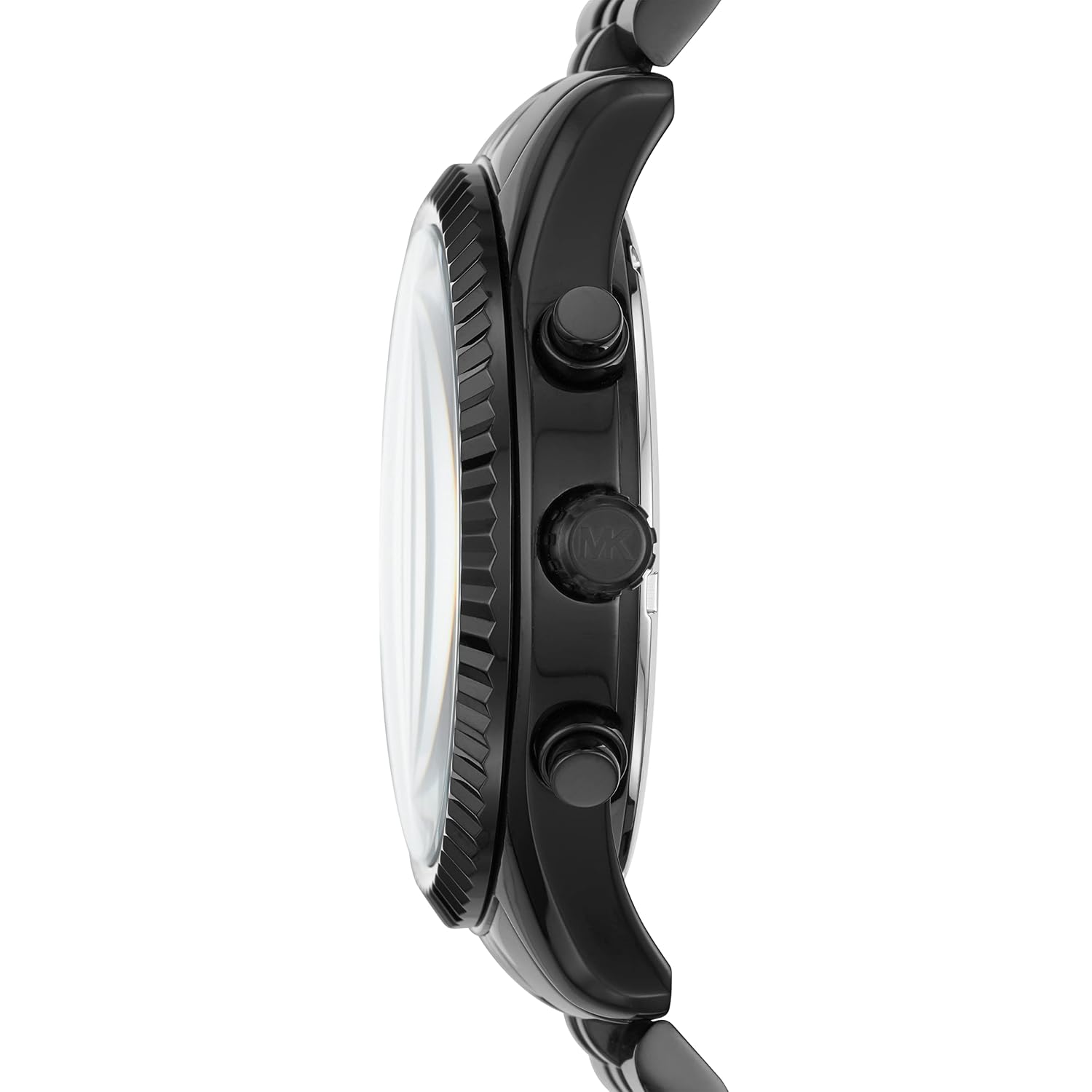 Side profile of Michael Kors MK8591 all black metal bracelet watch