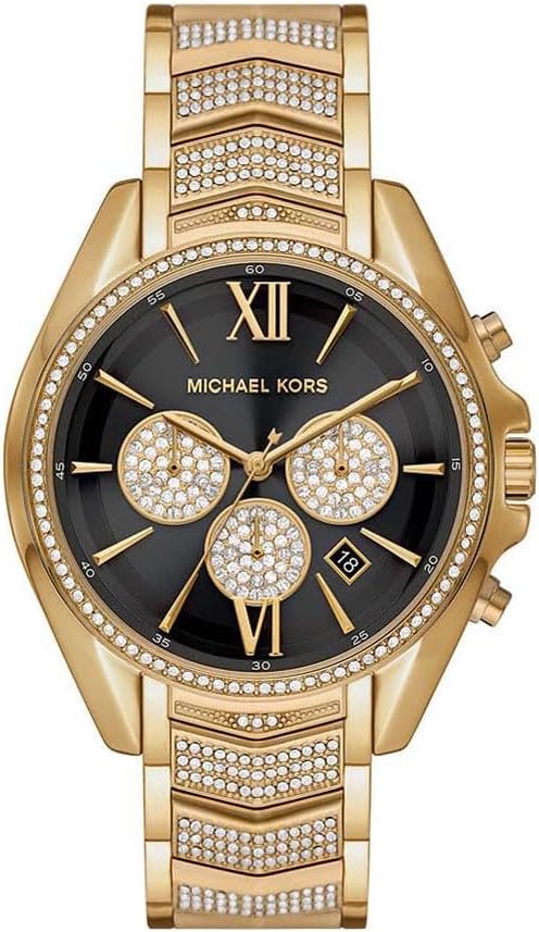 Michael Kors Whitney MK7224 women's black dial gold stainless steel chronograph watch front view