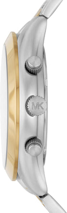Side profile of Michael Kors Slim Runway MK8986 two-tone stainless steel men's watch