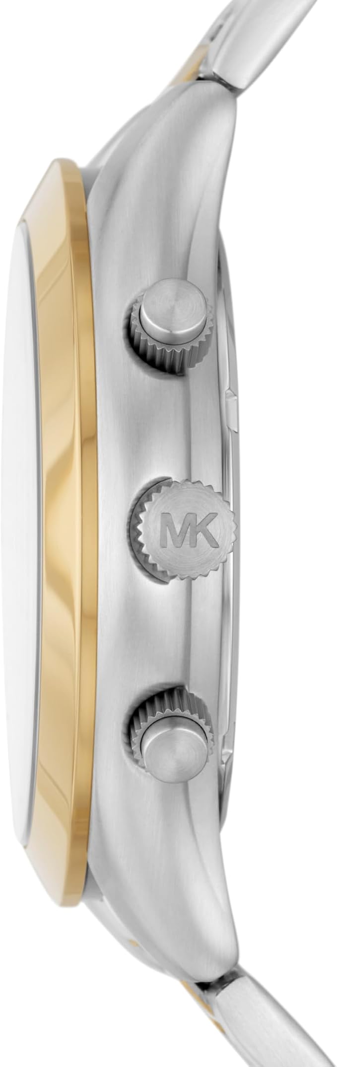 Side profile of Michael Kors Slim Runway MK8986 two-tone stainless steel men's watch